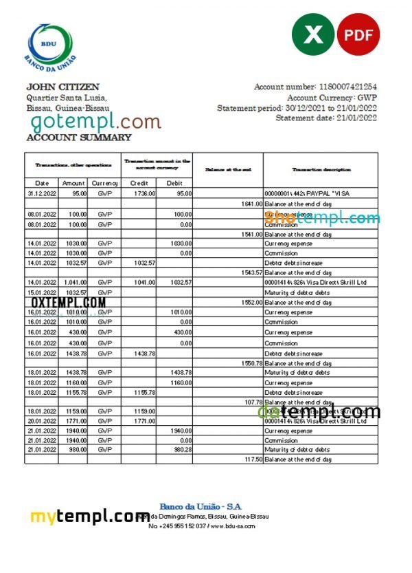 Guinea-Bissau Banco da Uniao bank statement Excel and PDF template