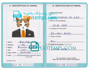 free Guyana cat (animal, pet) passport PSD template, fully editable
