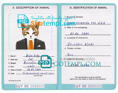 free Guyana cat (animal, pet) passport PSD template, fully editable