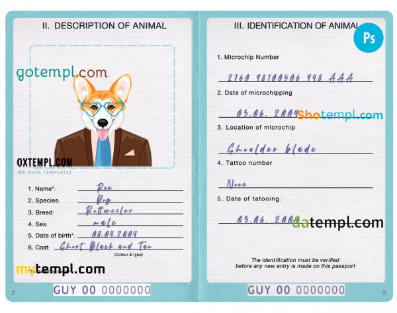 free Guyana dog (animal, pet) passport PSD template, fully editable