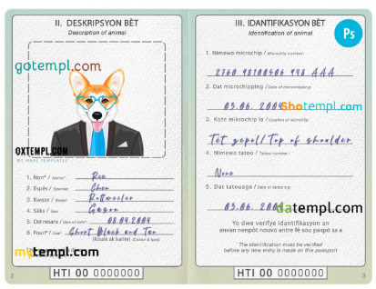 free Haiti dog (animal, pet) passport PSD template, completely editable