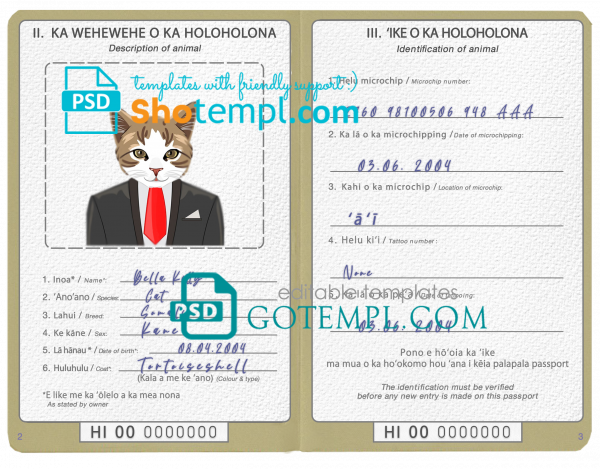 free Hawaii cat (animal, pet) passport PSD template, completely editable