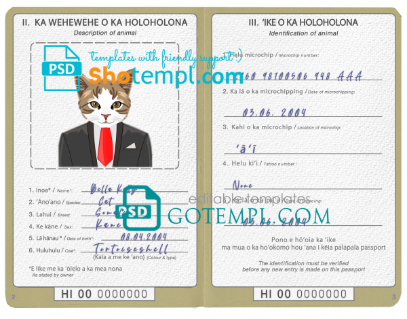 free Hawaii cat (animal, pet) passport PSD template, completely editable