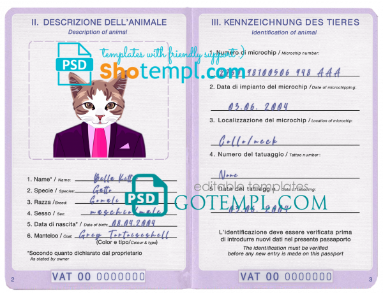 free Holy See cat (animal, pet) passport PSD template, completely editable
