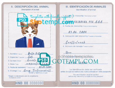 free Honduras cat (animal, pet) passport PSD template, fully editable
