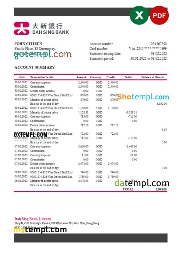 Hong Kong DAH Sing bank statement Excel and PDF template