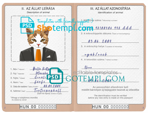 free Hungary cat (animal, pet) passport PSD template, fully editable