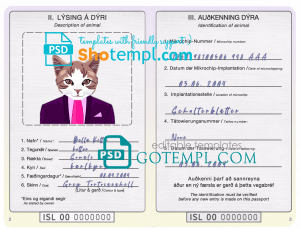 free Iceland cat (animal, pet) passport PSD template, completely editable