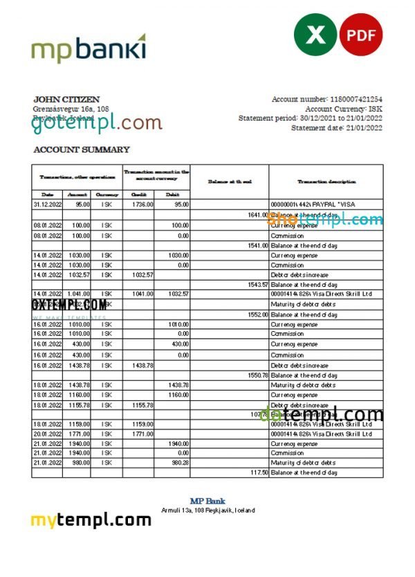 Iceland MP bank statement Excel and PDF template