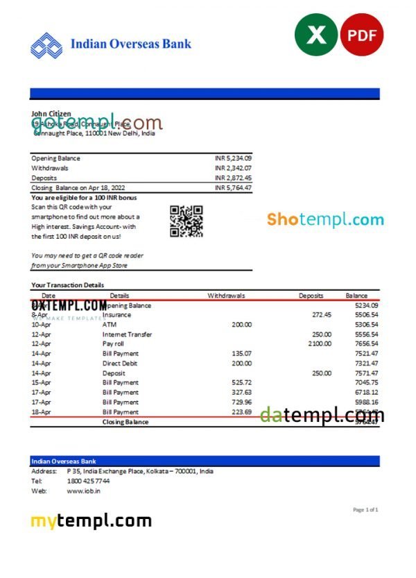 India Indian Overseas Bank statement Excel and PDF template