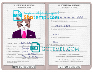free Indonesia cat (animal, pet) passport PSD template, completely editable