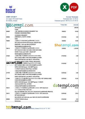 Ireland Bank of Ireland bank statement Excel and PDF template