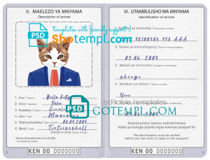 free Kenya cat (animal, pet) passport PSD template, completely editable