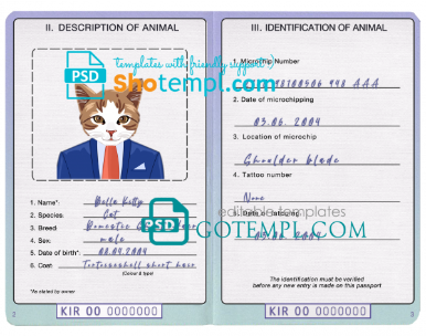 free Kiribati cat (animal, pet) passport PSD template, completely editable