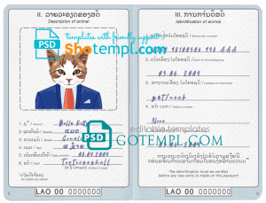 free Laos cat (animal, pet) passport PSD template, completely editable