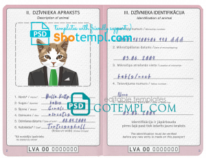 free Latvia cat (animal, pet) passport PSD template, fully editable