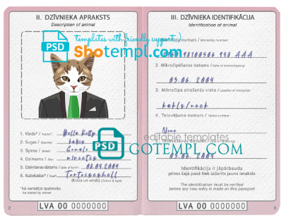 free Latvia cat (animal, pet) passport PSD template, fully editable