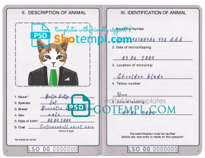 free Lesotho cat (animal, pet) passport PSD template, completely editable