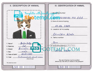 free Lesotho cat (animal, pet) passport PSD template, completely editable