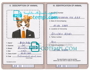 free Liberia cat (animal, pet) passport PSD template, fully editable