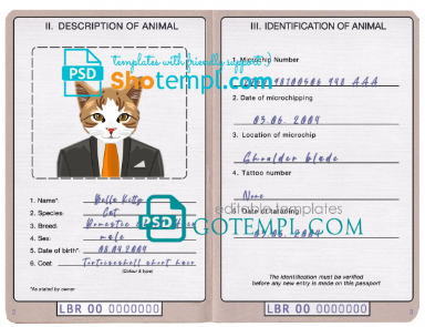 free Liberia cat (animal, pet) passport PSD template, fully editable