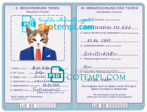 free Liechtenstein cat (animal, pet) passport PSD template, fully editable