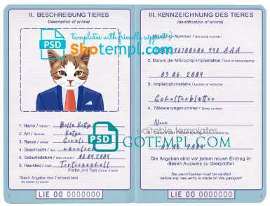 free Liechtenstein cat (animal, pet) passport PSD template, fully editable