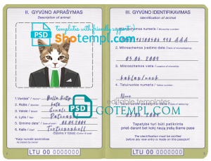 free Lithuania cat (animal, pet) passport PSD template, completely editable