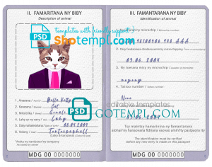 free Madagascar cat (animal, pet) passport PSD template, fully editable