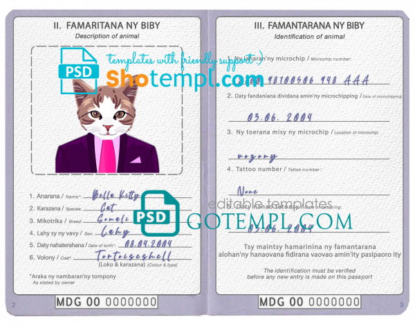 free Madagascar cat (animal, pet) passport PSD template, fully editable