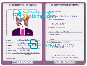 free Malawi cat (animal, pet) passport PSD template, completely editable