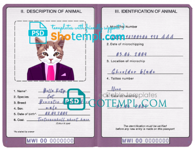 free Malawi cat (animal, pet) passport PSD template, completely editable