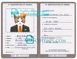 free Maldives cat (animal, pet) passport PSD template, fully editable
