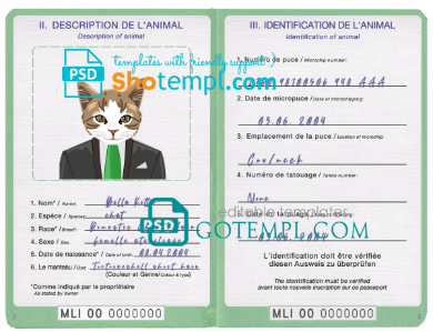 free Mali cat (animal, pet) passport PSD template, completely editable