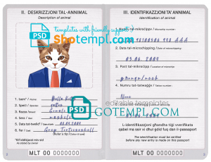 free Malta cat (animal, pet) passport PSD template, completely editable