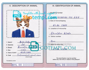free Marshall Islands cat (animal, pet) passport PSD template, fully editable