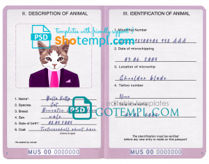free Mauritius cat (animal, pet) passport PSD template, fully editable