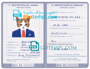 free Mexico cat (animal, pet) passport PSD template, completely editable