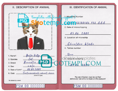 free Micronesia cat (animal, pet) passport PSD template, fully editable