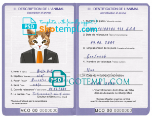 free Monaco cat (animal, pet) passport PSD template, fully editable