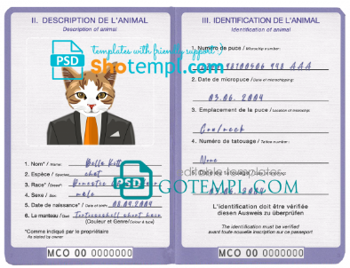 free Monaco cat (animal, pet) passport PSD template, fully editable