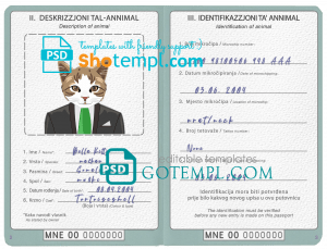 free Montenegro cat (animal, pet) passport PSD template, fully editable