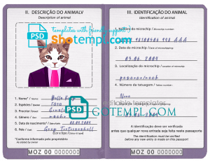free Mozambique cat (animal, pet) passport PSD template, fully editable