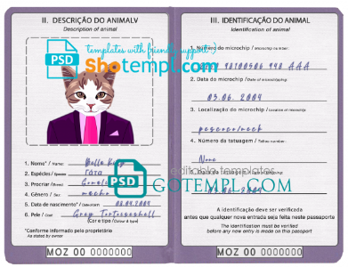 free Mozambique cat (animal, pet) passport PSD template, fully editable