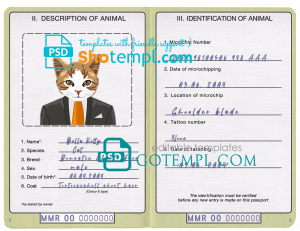 free Myanmar cat (animal, pet) passport PSD template, completely editable