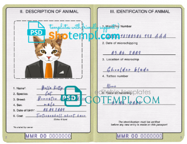 free Myanmar cat (animal, pet) passport PSD template, completely editable