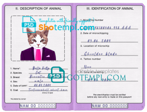 free Namibia cat (animal, pet) passport PSD template, fully editable