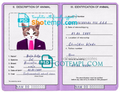 free Namibia cat (animal, pet) passport PSD template, fully editable