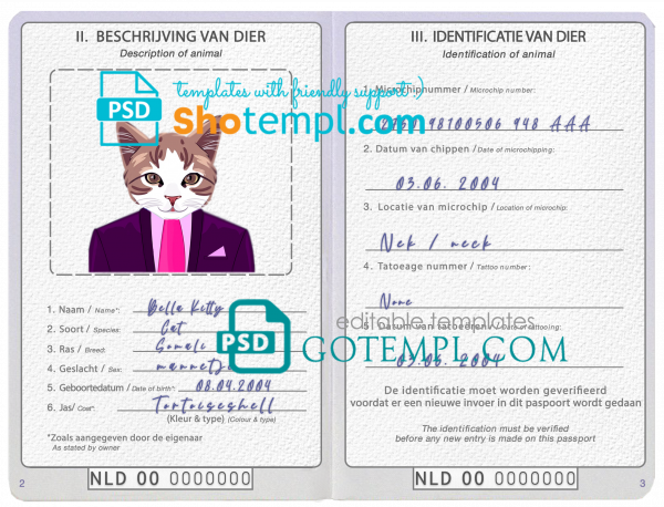 free Netherlands cat (animal, pet) passport PSD template, fully editable