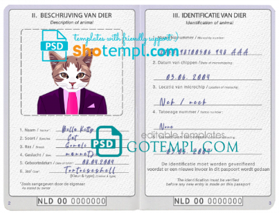 free Netherlands cat (animal, pet) passport PSD template, fully editable